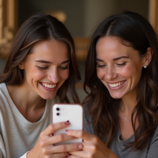 Les mêmes personnes sourient et admirent leur iPhone avec satisfaction, maintenant équipé d'un splendide fond d'écran haute définition. Leur expression rayonne de bonheur et de contentement.