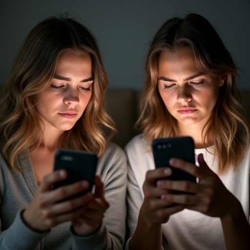 Deux personnes regardent leurs téléphones avec frustration, cherchant désespérément le fond d'écran idéal. Leur visage montre le doute et l'hésitation quant au choix à faire.