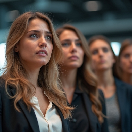 Un groupe de personnes douteuses et préoccupées par leurs résultats en Bourse. Leur visage reflète l'incertitude et l'hésitation quant à leurs performances financières.