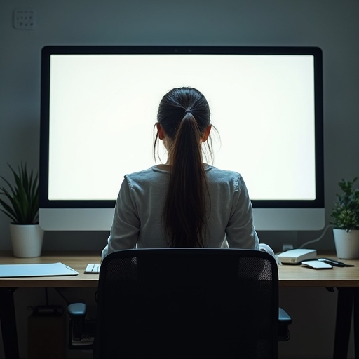 Dans l'image, on voit une personne débordée par son travail, regardant son écran vide avec frustration. Elle semble stressée et en manque de temps pour créer un contenu digital de qualité.  