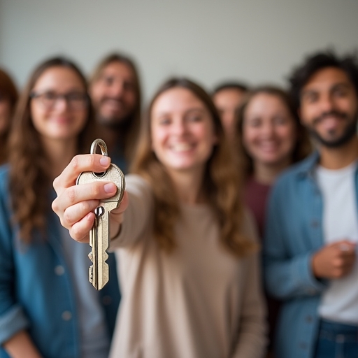 Le même groupe de personnes souriantes et satisfaites, regardant des clés de maison en main, symbole de leur réussite dans l'investissement immobilier grâce au guide du futur rentier de l'immobilier.