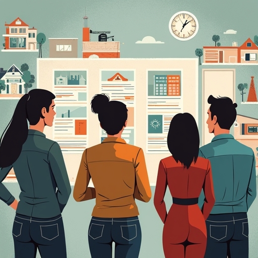 Un groupe de personnes perplexes, regardant des annonces immobilières avec confusion et incertitude, se demandant par où commencer dans l'investissement immobilier.  