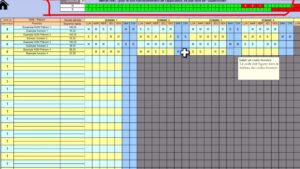 Capture d’écran d’un planning hebdomadaire Excel utilisé pour la gestion des horaires du personnel. On voit une liste de noms avec fonctions, moyenne horaire hebdomadaire, et un tableau à code couleur affichant les codes-horaires (M pour matin, S pour soir) sur 4 semaines. Chaque jour de la semaine est renseigné, et les codes-horaires sont saisis manuellement dans les cellules. Une infobulle indique : “Saisir un code-horaire. Ce code doit figurer dans le tableau des codes-horaires.” En haut, un tableau affiche l’effectif journalier avec des chiffres en vert et rouge. Un grand curseur est visible au centre.