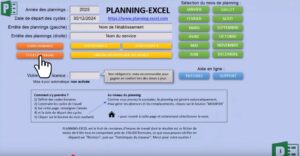 Capture d’écran de l’interface principale du fichier "Planning-Excel" pour l’année 2025. On y voit plusieurs champs de saisie (nom de l’établissement, service, date de départ des cycles), des boutons d’accès aux fonctionnalités (codes-horaires, cycles de travail, statistiques, tableau récapitulatif des heures) et une grille de sélection des mois de l’année sous forme de boutons verts. En bas, un encadré explique les étapes à suivre pour générer automatiquement un planning. Un curseur en forme de main est posé sur le bouton "Cycles de travail".