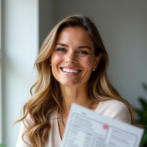 Le même femme souriante, entourée de billets et de graphiques de réussite, fière de sa nouvelle gestion financière efficace grâce au programme de 7 jours pour booster sa finance personnelle.