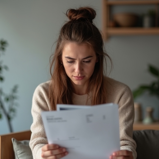 Une jeune femme stressée en regardant ses comptes, se demandant comment s'en sortir financièrement.